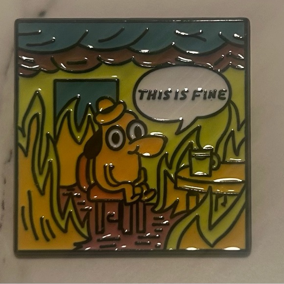 Meme “This is Fine” Office on Fire with Dog Enamel Pin - Picture 3 of 4